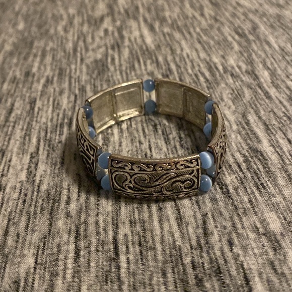 Vintage Silver-Tone Scroll Design Stretch Bangle with Blue Cats-Eye Beads - Picture 2 of 11